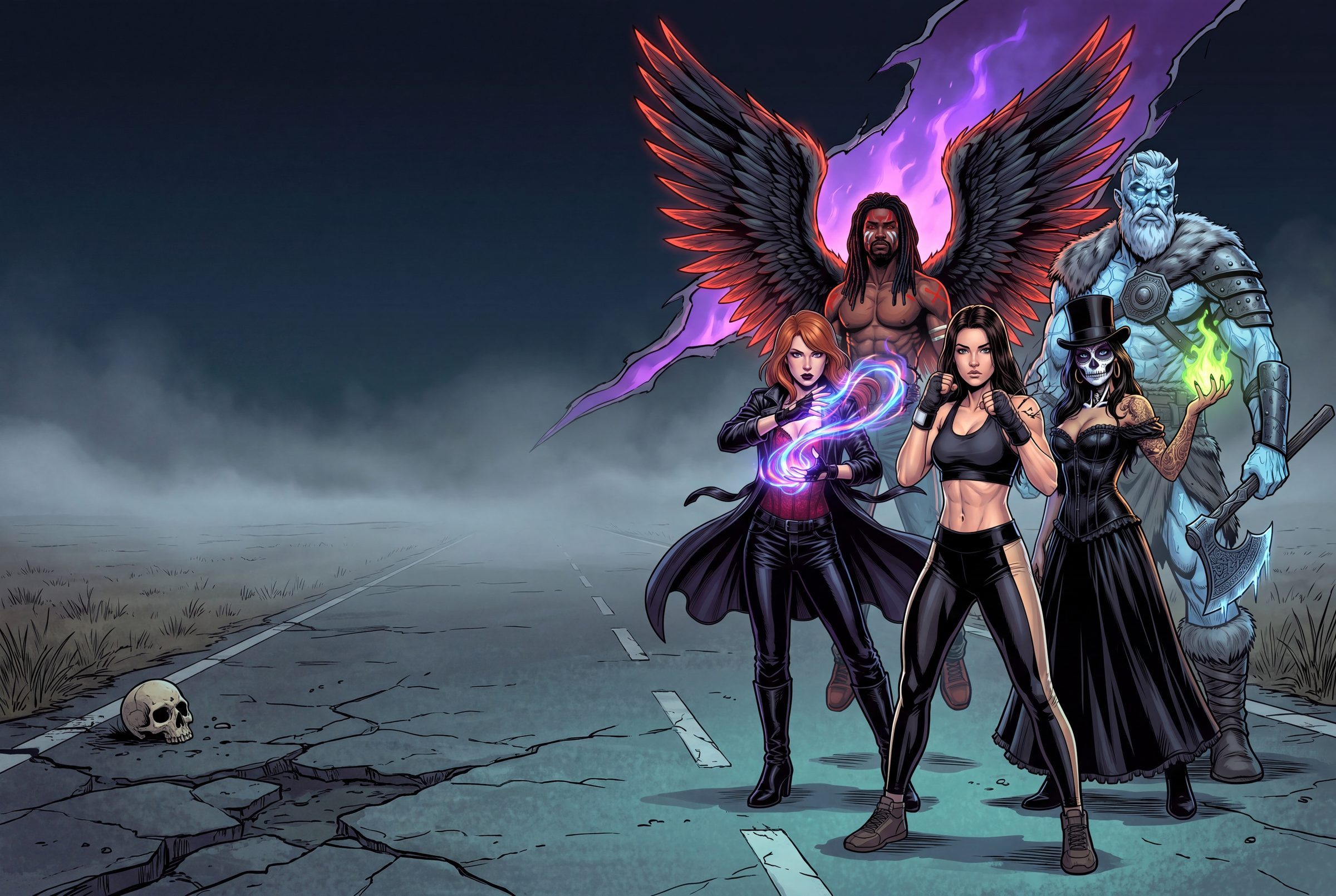 The awakened of the Baku-verse — five heroes standing together on a foggy, cracked stretch of road beneath a torn purple sky