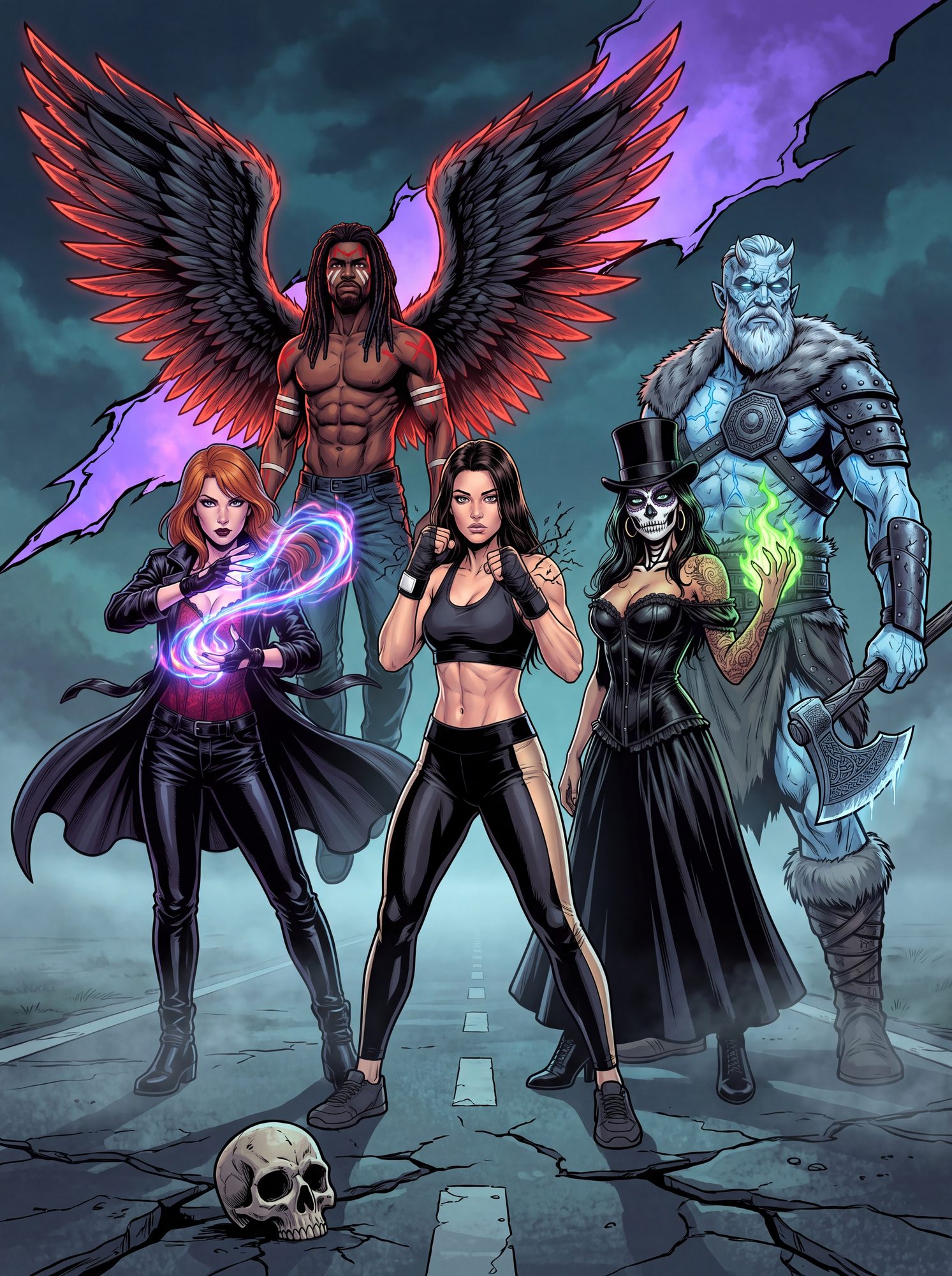 Eliza, Uriel, Talia, Seraphina, and Ivar standing together on a cracked road beneath a torn purple sky