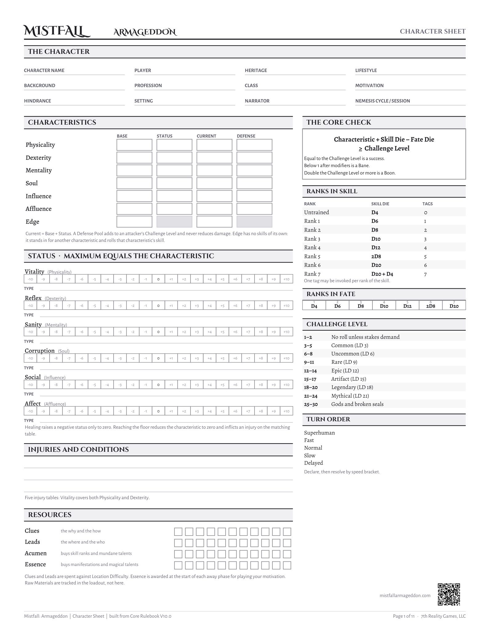 Mistfall: Armageddon character sheet, page one