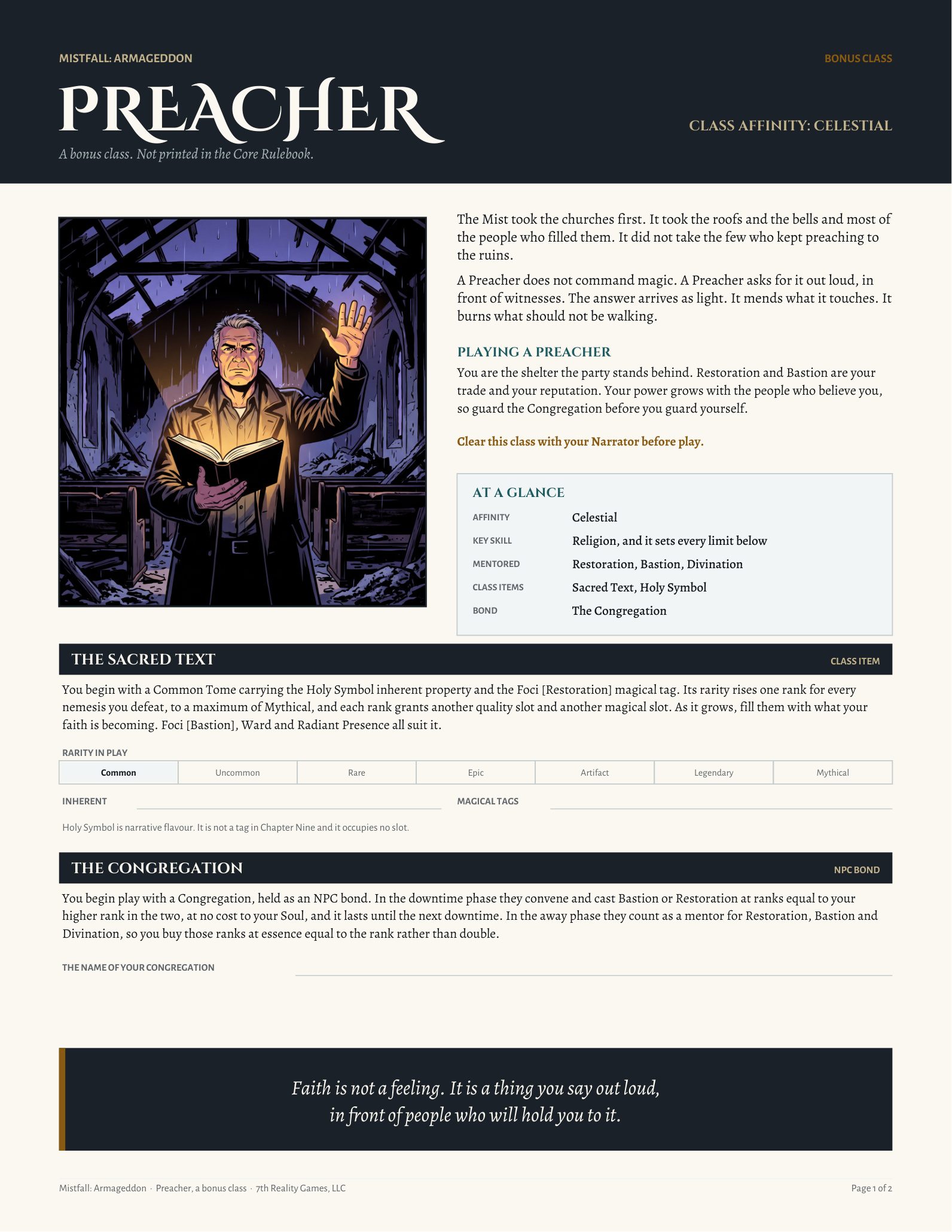 The Preacher, a bonus class for Mistfall: Armageddon